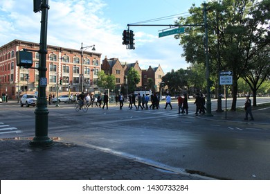 Jewish Community Showing Chabad Lubavitch Headquarters Open 
1920 And Jewish Dwellings Along Eastern Parkway In Crown Heights Brooklyn With 3 Train Station And People Out And About NY June 20 2019