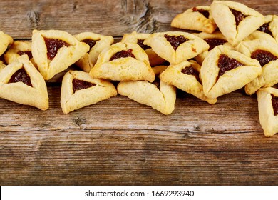 Jewish cookies stuffed with jam for Purim holiday. Close up.