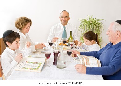jewish family in seder celebrating passover