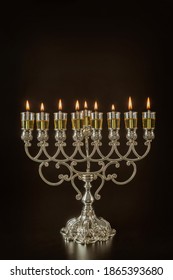 Jewish Festival Of Lights Holiday Symbol Hanukkah Menorah In Hanukkiah On Oil Candles