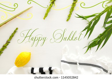 Jewish festival of Sukkot. Traditional symbols (The four species): Etrog, lulav, hadas, arava