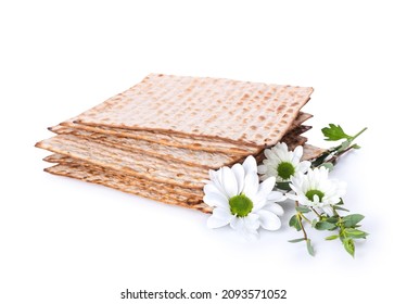 Jewish Flatbread Matza For Passover And Flowers On White Background