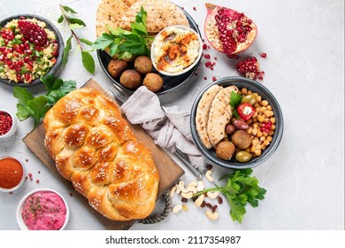 Jewish food on light background. Traditional food concept. Flat lay, top view, copy space