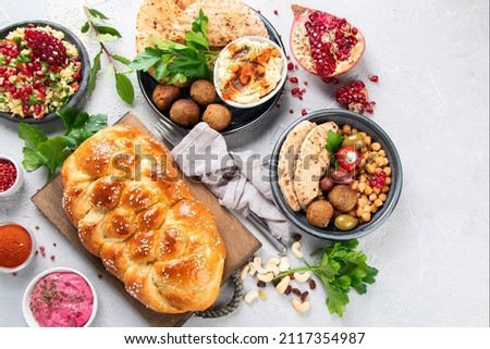 Jewish food on light background. Traditional food concept. Flat lay, top view, copy space