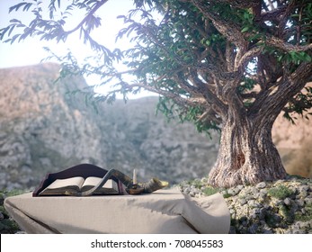 Jewish Holiday Background With Old Book And Olive Tree Landscape Concept Photo