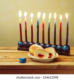 Jewish Holiday Hanukkah Celebration Setting On Wooden Table