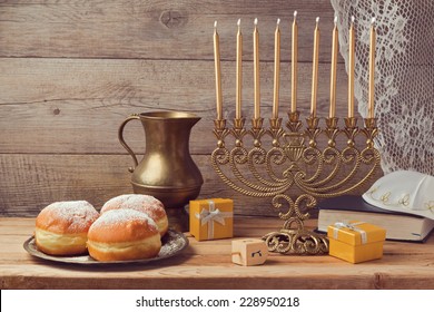 Jewish Holiday Hanukkah Celebration With Vintage Menorah