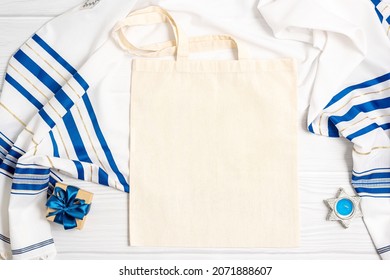 Jewish Holiday Hanukkah Concept With Tote Bag Mock Up With Gift Box Over White Background