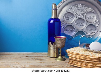 Jewish Holiday Passover Background With Matzo And Wine