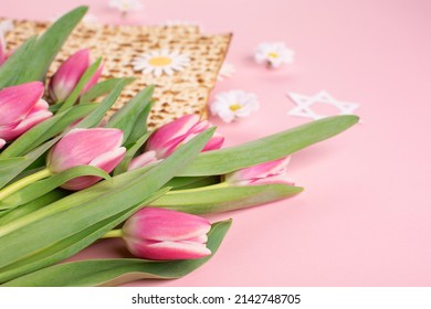 Jewish Holiday Passover Greeting Card Concept With Matzah, Nuts, Tulip And Daisy Flowers On Pink Table. Seder Pesach Spring Holiday Background, Copy Space.