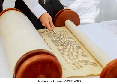 Jewish Man Dressed In Ritual Clothing 5 SEPTEMBER 2016 USA NY Hand Of Boy Reading The Jewish Torah At Bar Mitzvah Bar Mitzvah Torah Reading