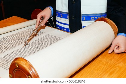 Jewish Man Dressed In Ritual Clothing 5 SEPTEMBER 2015 USA NY Hand Of Boy Reading The Jewish Torah At Bar Mitzvah Bar Mitzvah Torah Reading