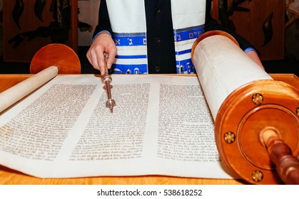 Jewish Man Dressed In Ritual Clothing 5 SEPTEMBER 2015 USA NY Hand Of Boy Reading The Jewish Torah At Bar Mitzvah Bar Mitzvah Torah Reading