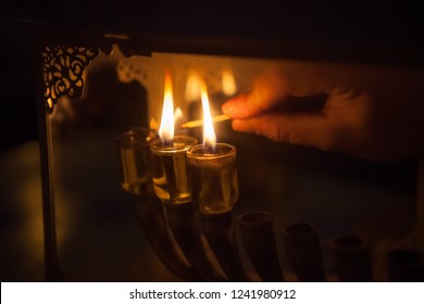 Jewish Man Macro Lighting Traditional Hanukkah Olive Oil Candles Menora In Israel