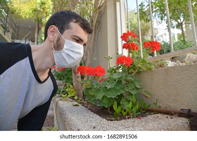 Jewish Man Wear Coronavirus Medical Mask Smelling Flowers