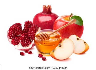 Jewish New Year composition. Pomegranate, red apple and honey isolated on white background. Package design element with clipping path - Powered by Shutterstock