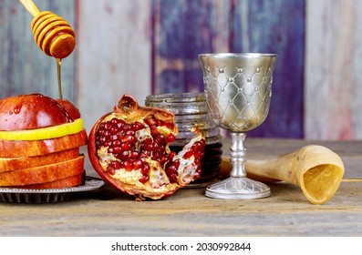 Jewish New Year Of Traditional Holiday Symbols Rosh Hashanah Celebration On Festive Table