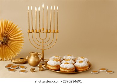 Jewish religious holiday Hanukkah, background with menorah (traditional candelabra) with  donut, wooden dreidel (spinning top), oil jug. Golden baner 