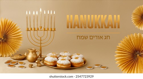 Jewish religious holiday Hanukkah with holiday Hanukkah (traditional candelabra) with  donut, wooden dreidel (spinning top), oil jug. Golden baner 