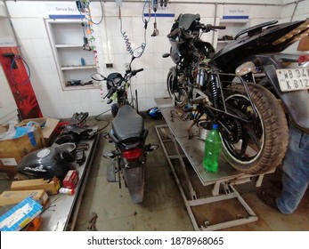 Jhargram ,West Bengal - DECEMBER 2, 2020: Bike Repairing Shop For Bike Repair And Maintenance At Home.  