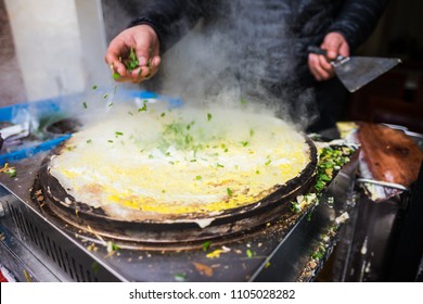 Jianbing - Asian Crepe - Scallions Being Spread