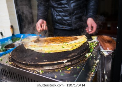 Jianbing - Asian Crepe - Scallions Being Spread