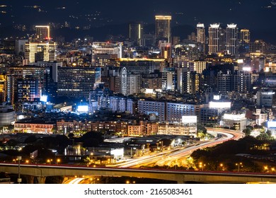 Jiantan Mountain,Taipei City,Taiwan,June 4, 2022:The Night View Of Taipei City Shot With Slow Shutter From The Top Of The Mountain