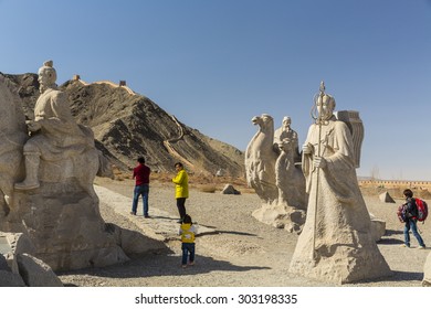 JIAYUGUAN, CHINA - 4 APRIL 2015 - Statues Of Famous Historical Figures At The Overhanging (Xuanbi) Great Wall, Jiayuguan