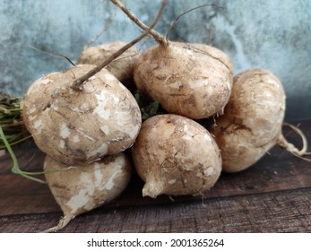 Jicama. Jicama is a starchy root vegetable similar to a potato or turnip.