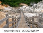 Jigokudani, or named Hell Valley as the characteristic of hot steam vents, sulfurous streams and other volcanic activity, main source of Noboribetsu Onsen, Noboribetsu, Hokkaido, Japan