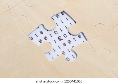 Jigsaw with network technology binary code, currency symbol, tech finance, pound sterling symbol