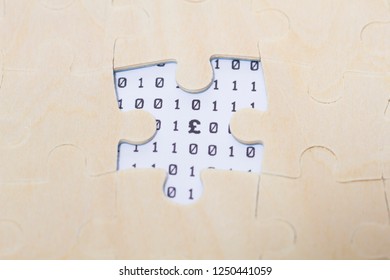 Jigsaw with network technology binary code, currency symbol, tech finance, pound sterling symbol