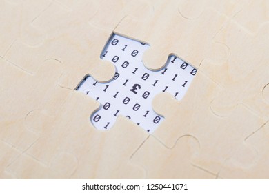 Jigsaw with network technology binary code, currency symbol, tech finance, pound sterling symbol