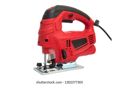 A Jigsaw Power Tool Isolated On White Background. Electric Jig Saw. Professional Electric Jig Saw Isolated On White Background. Electric Fretsaw On A White Background