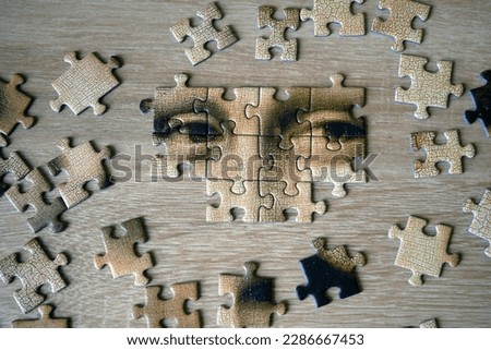 Jigsaw Puzzle Of Female Face Mona Liza La Gioconda from Leonardo Da Vinci, from ancient painting on wooden background, closeup