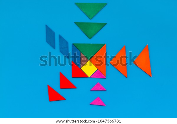 jigsaw puzzle game piece\
office table in business strategy set blue background top view mock\
up