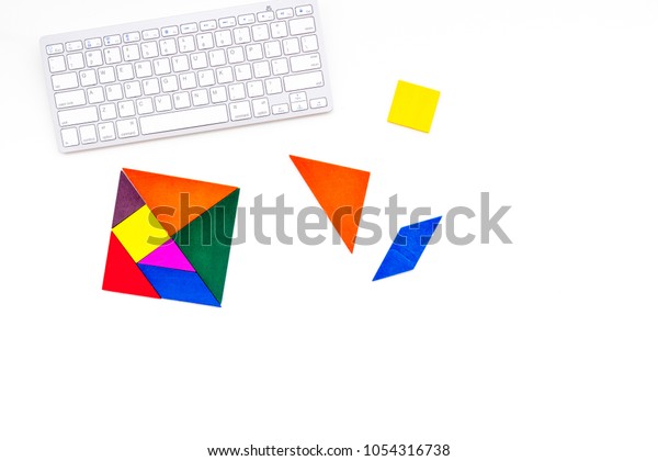jigsaw puzzle game piece\
office table in business strategy set white background top view\
mock up