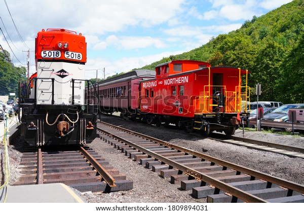 JIM THORPE, PA -30\
AUG 2020- View of the historic Lehigh Gorge Scenic Railway of\
Reading & Northern Railroad in Jim Thorpe, Carbon County,\
Pennsylvania, United\
States.