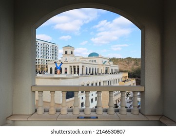 Jindo-gun, Jeollanam-do, South Korea - December 14, 2021: Winter View Of Sol Beach Jindo Resort Seen Through Arch Door
