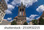 Jindrisska Tower timelapse hyperlapse - the highest belfry in Prague. The gothic tower itself was built in 1472 - 1475 beside the Church of St Henry and Cunigunde, Czech Republic