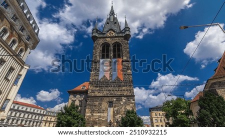 Jindrisska Tower timelapse hyperlapse - the highest belfry in Prague. The gothic tower itself was built in 1472 - 1475 beside the Church of St Henry and Cunigunde, Czech Republic