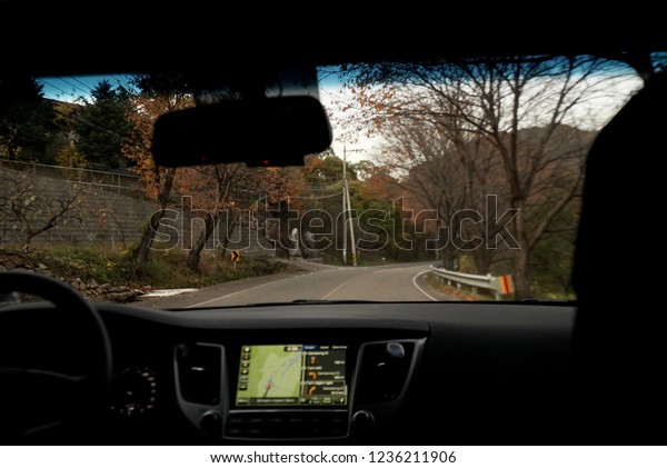 Jirisan National Park, South Korea circa 10
November 2018. A view from the car heading back from Jirisan
National Park in
autumn.