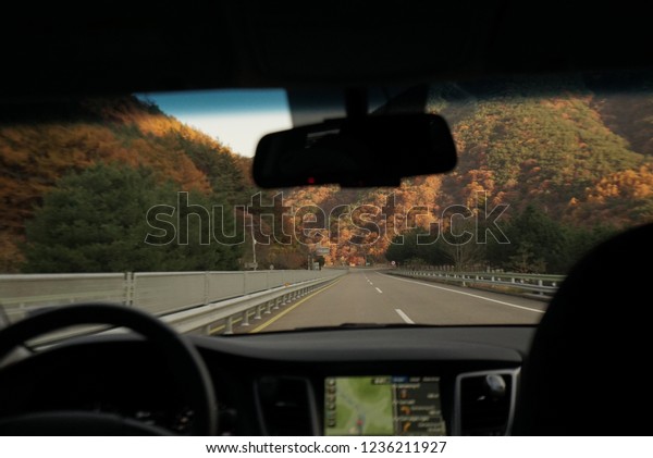 Jirisan National Park, South Korea circa 10\
November 2018. A view from the car heading back from Jirisan\
National Park in\
autumn.