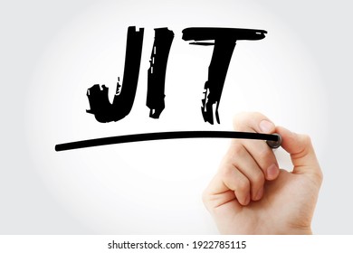 JIT Just in time - inventory management method in which goods are received from suppliers only as they are needed, acronym text with marker