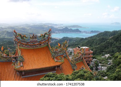 Jiufen, Taiwan - May, 2020: Incredible aerial view of the iconic Buddhist temple in Jiufen.