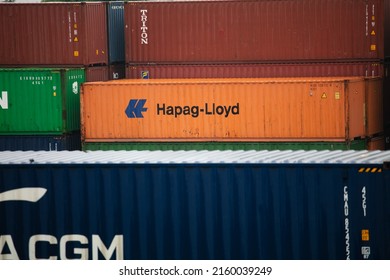 Jiujiang, China - May 14, 2022: A container of Hapag-Lloyd Container Lines (HPL) at siPG's cargo yard. Hapag-lloyd Container Lines (HPL) is one of the top five shipping companies in the world.

