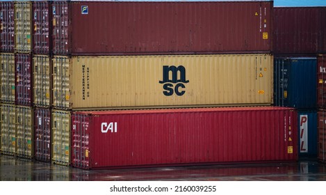Jiujiang, China - May 14, 2022: A Mediterranean Line container at siPG's cargo yard. MSC, Mediterranean Shipping Company S.A. is the world's largest Shipping Company in terms of Shipping capacity.

