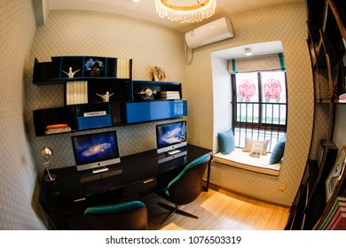 JIUJIANG CHINA-March 4, 2018: Fish Eye Lens: Residential Real Estate Developed By China Real Estate Group, Facing The Middle And High Income Class, Open Bedroom And Living Room Lamp Model.