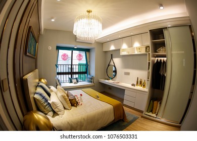 JIUJIANG CHINA-March 4, 2018: Fish Eye Lens: Residential Real Estate Developed By China Real Estate Group, Facing The Middle And High Income Class, Open Bedroom And Living Room Lamp Model.