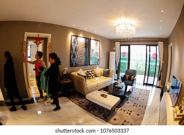 JIUJIANG CHINA-March 4, 2018: Fish Eye Lens: Residential Real Estate Developed By China Real Estate Group, Facing The Middle And High Income Class, Open Bedroom And Living Room Lamp Model.